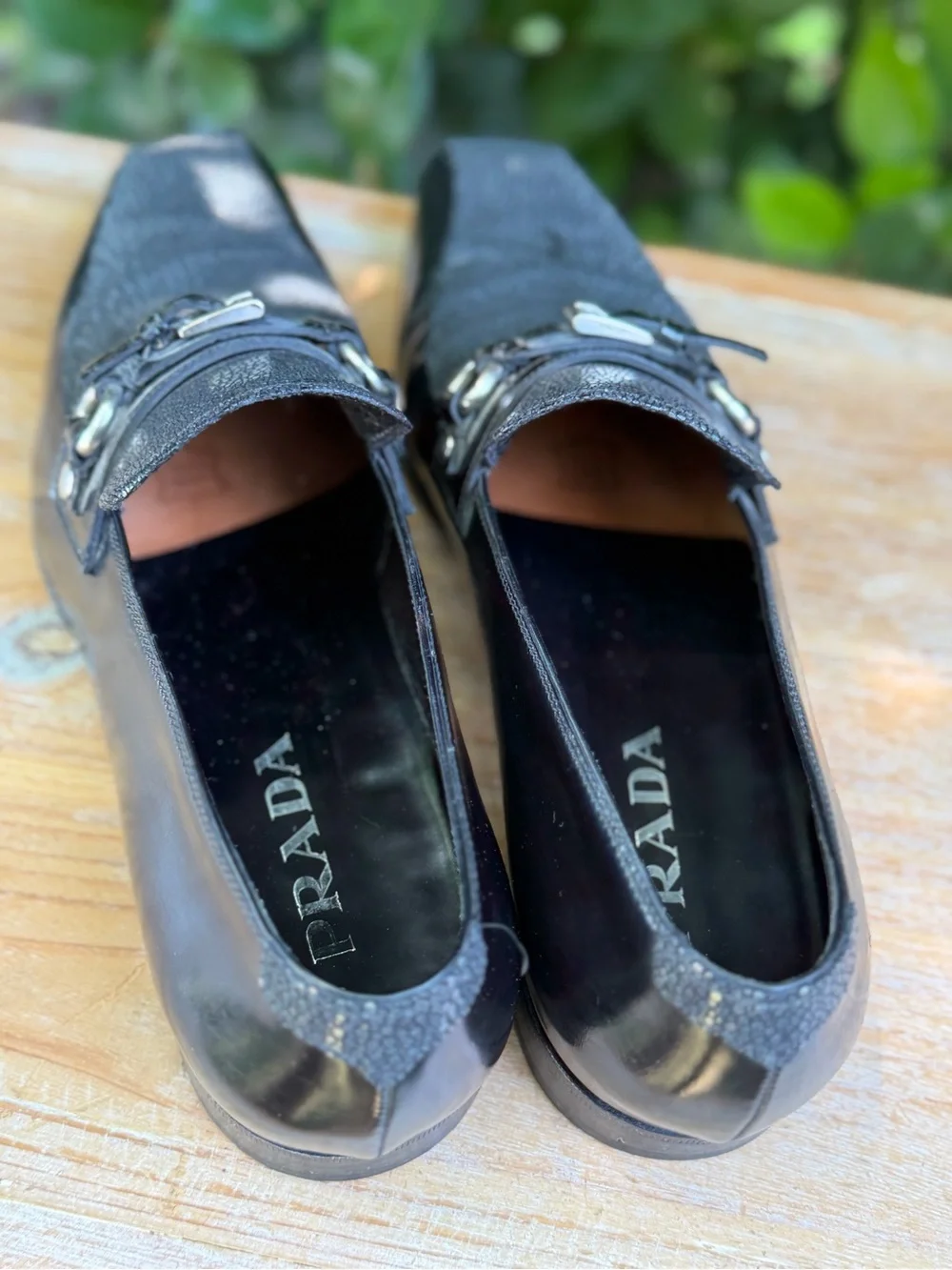 Prada Stingray Shagreen Leather Buckle Loafers